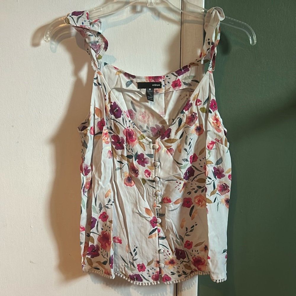 Aqua Silky Ruffle Floral Tank
